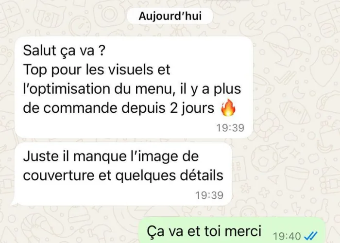 Message d’un restaurateur : plus de commandes deux jours après les visuels et l’optimisation du menu.