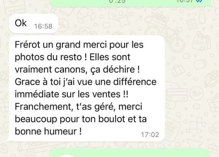 Message d’un restaurateur : une différence immédiate sur les ventes après les photos.