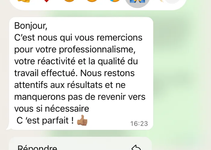 Message d’un restaurateur remerciant pour le professionnalisme et la qualité du travail.