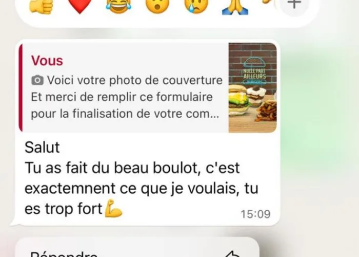 Message d’un restaurateur après réception de sa photo de couverture : « C’est exactement ce que je voulais ».