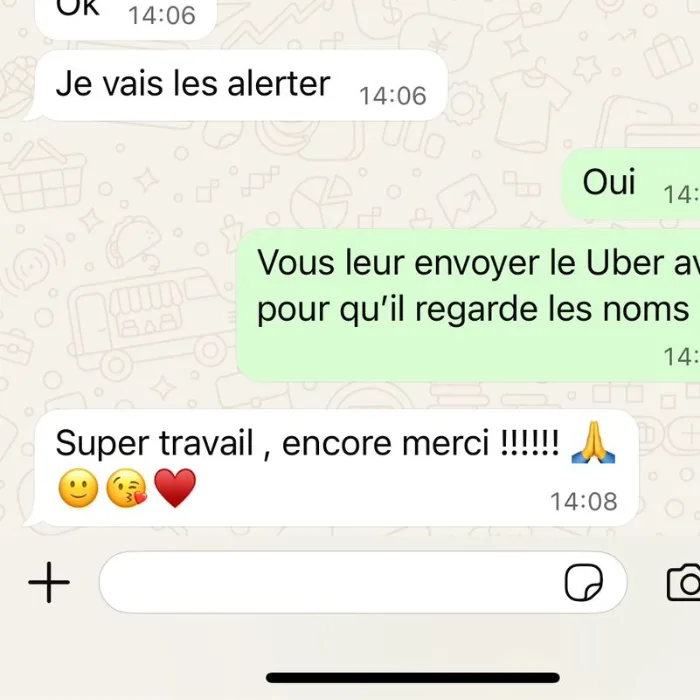 Message de remerciement d’un restaurateur : « Super travail, encore merci ».