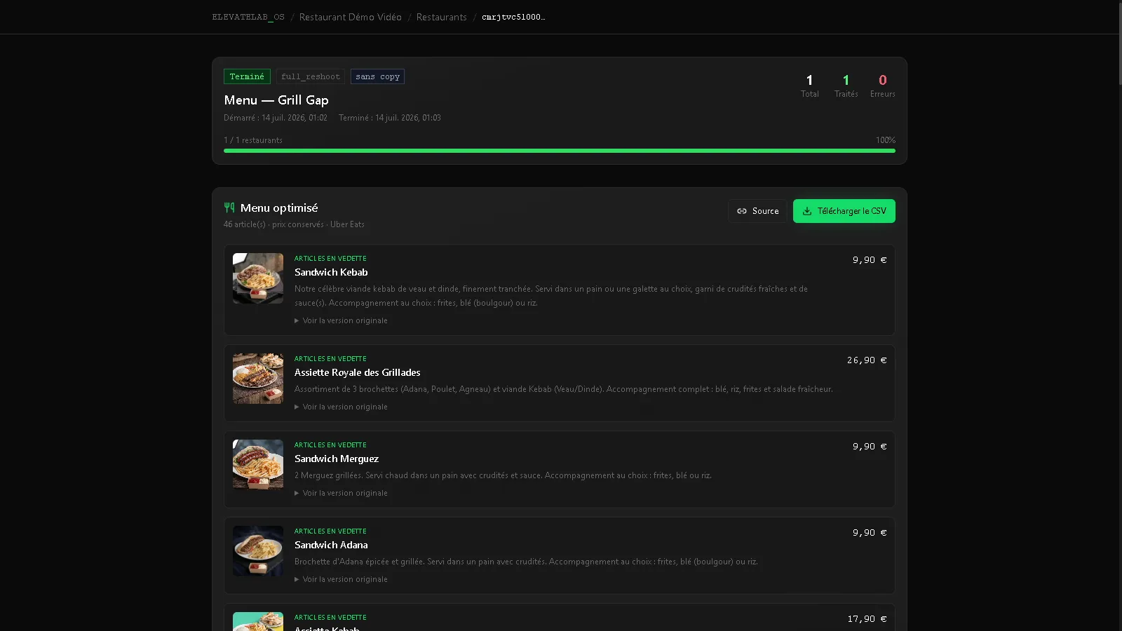 Capture réelle d’RestoLance montrant un menu optimisé et les visuels générés pour Grill Gap