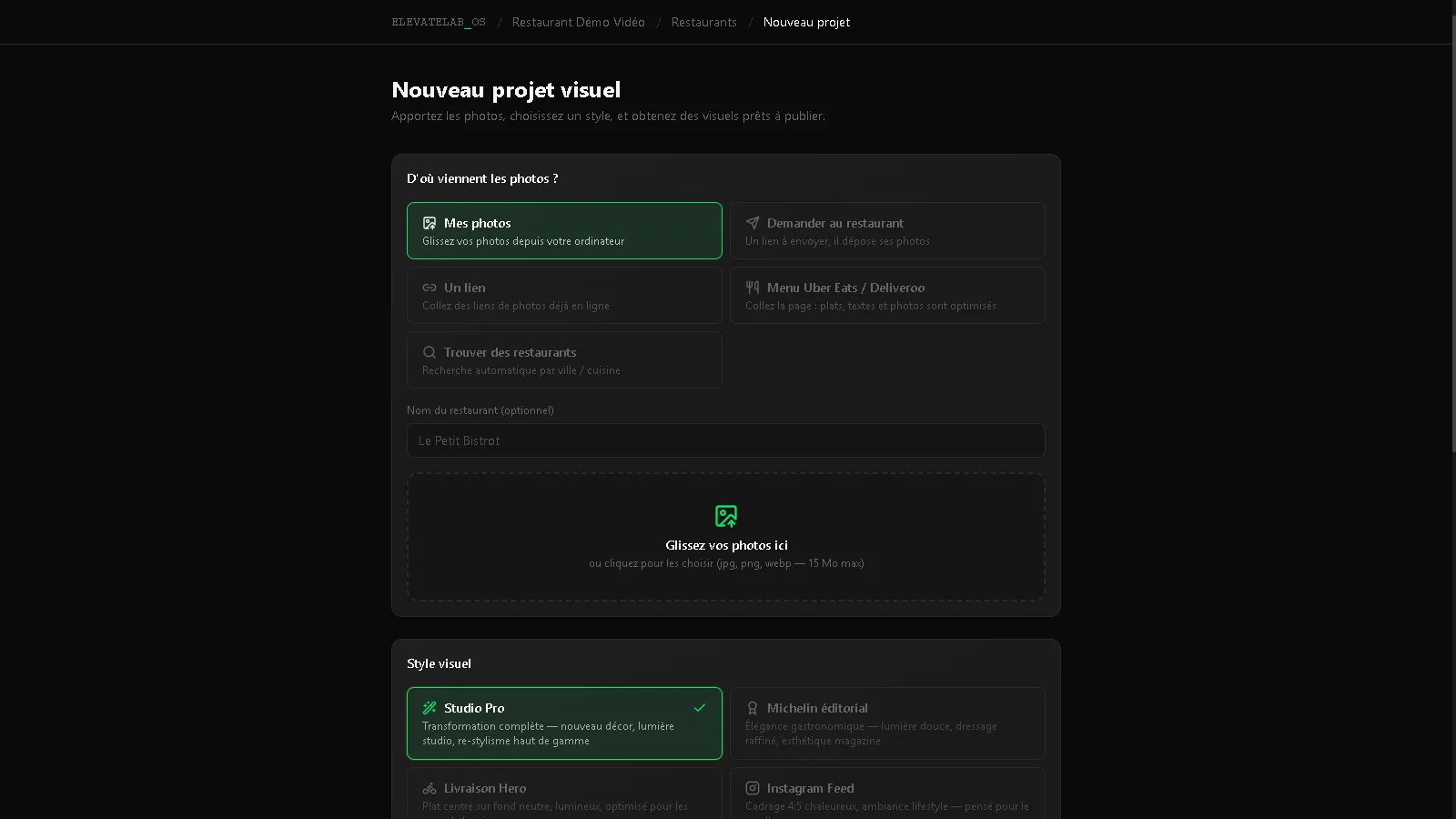 Capture réelle d’RestoLance montrant les différentes sources pour rechercher ou importer un restaurant